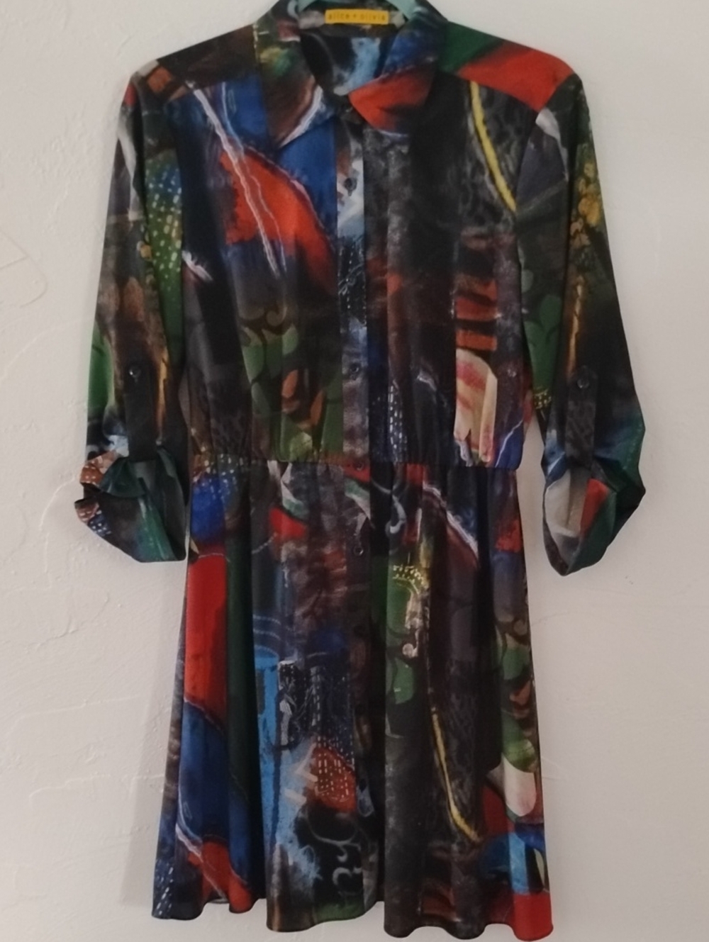 Alice + Olivia Multicolor Abstract Long-Sleeve Printed Shirt Dress Sz S